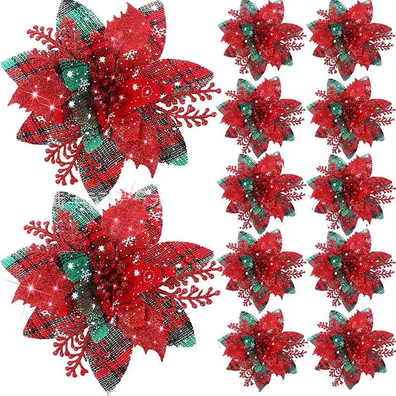 Set of 5 glitter pink artificial Christmas flowers, 14cm tree ornaments for festive holiday decor and home decoration.
