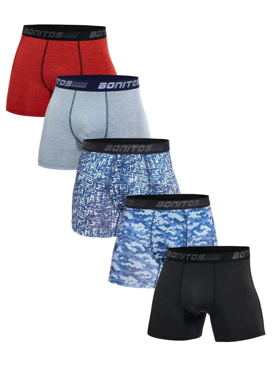 Set of five BONITOS men's boxer shorts made of polyester spandex, featuring solid colors and a comfortable fit.