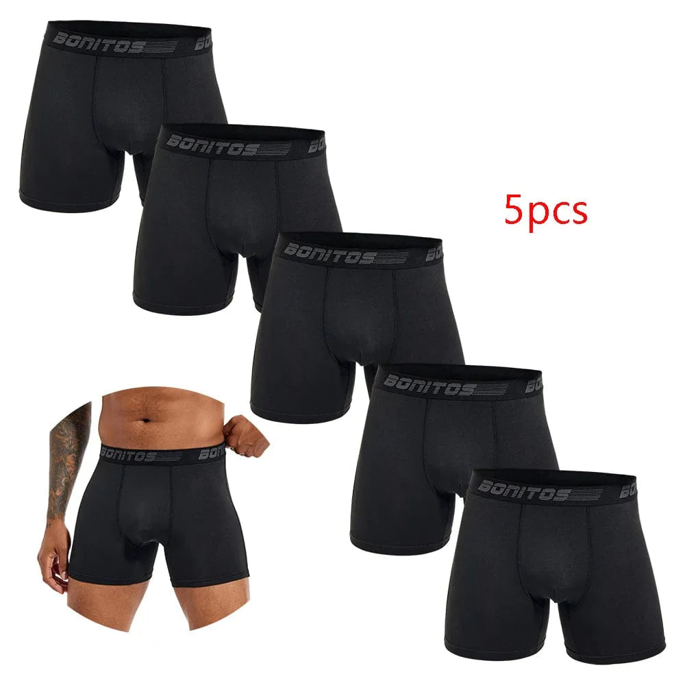 Set of five BONITOS men's boxer shorts in solid polyester spandex, featuring comfortable waistband and classic fit.