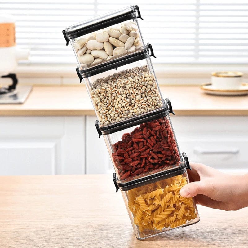 Set of five Showlu acrylic kitchen grain storage jars with large sealed tanks for organizing spices, grains, and dry goods.