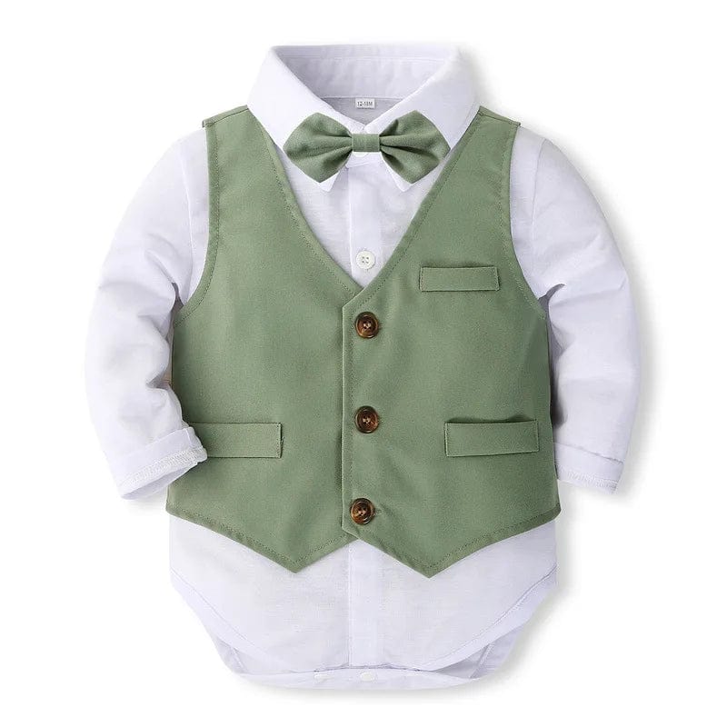 Newborn boy gentleman suit by Showlu Fashion, includes cotton vest, pants, tie, hat, and bodysuit in a 5-piece set.