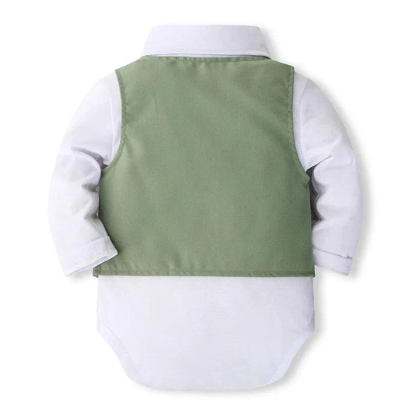 Baby boy suit set including cotton vest, pants, tie, and hat from Showlu Fashion featuring a stylish newborn gentleman outfit.