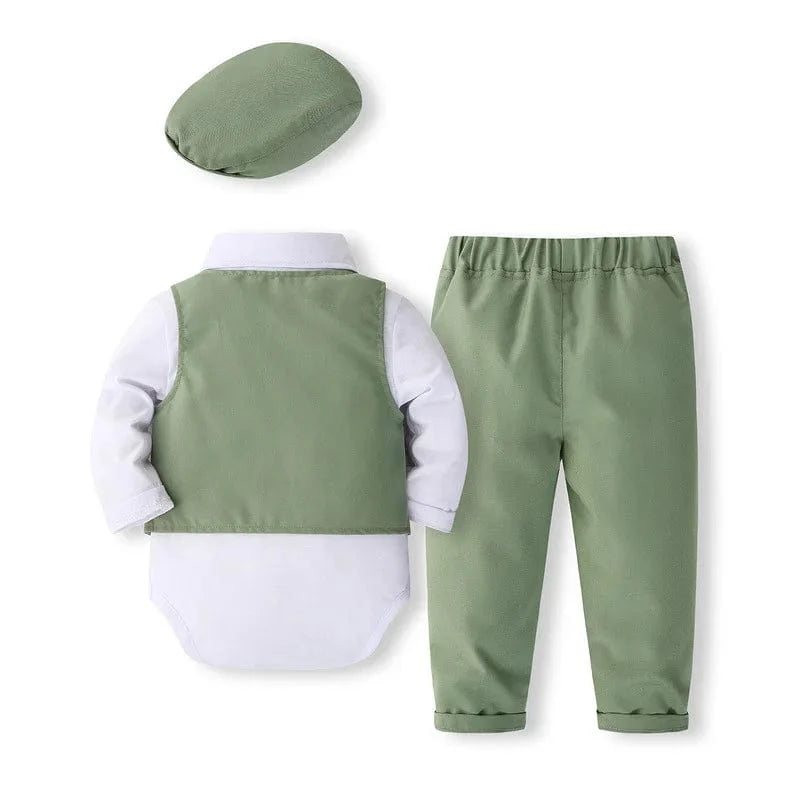 Baby boy newborn suit set with cotton vest, pants, and hat, featuring a gentleman style in soft spring and autumn colors.