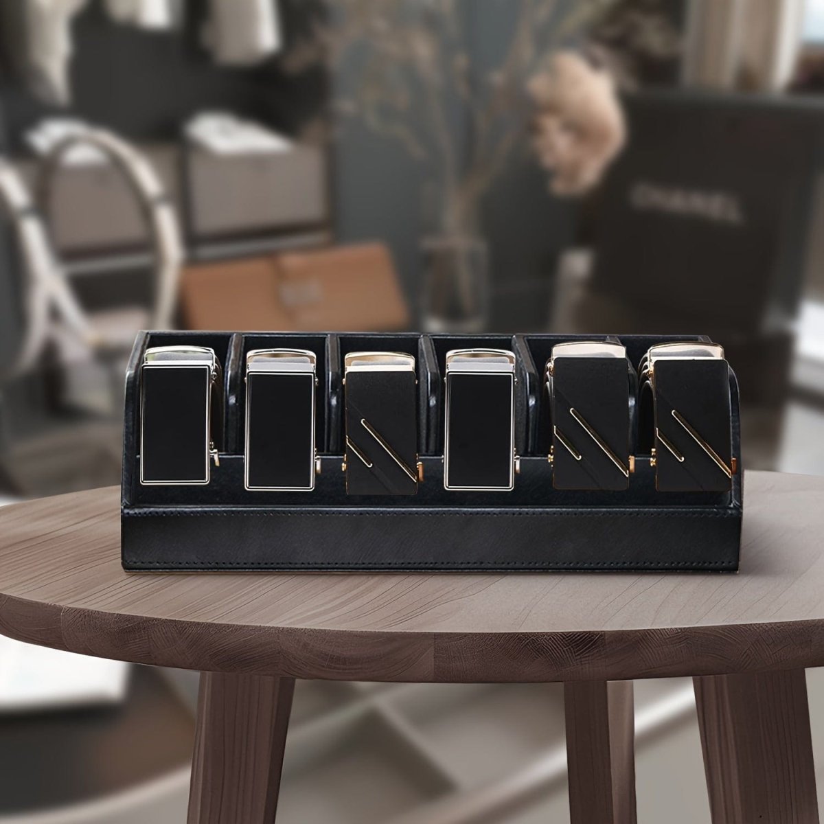 Showlu Fashion 6-Belt Organizer Box with belt racks and buckle display for closet and drawer storage, unisex design.