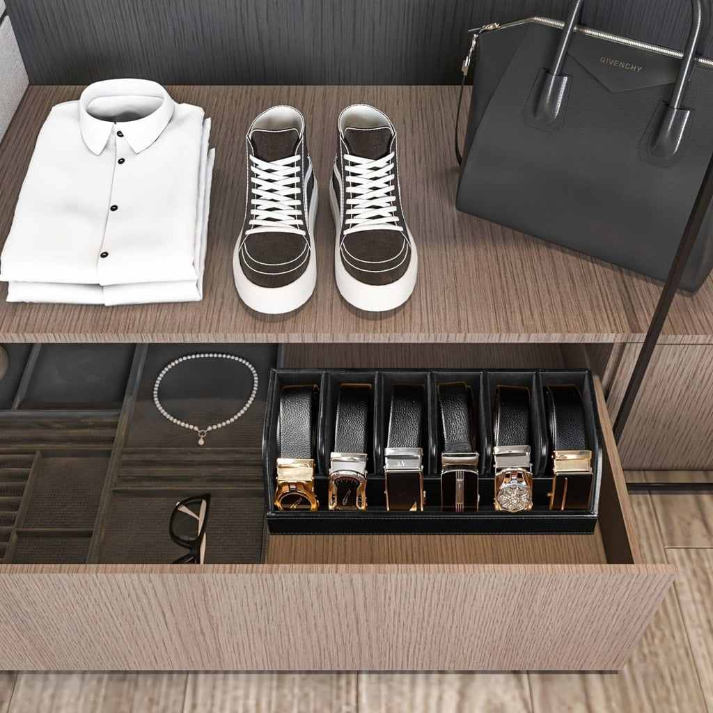 Showlu Fashion 6-belt organizer box with multiple compartments for storing belts, buckles, and accessories in closet or drawer.