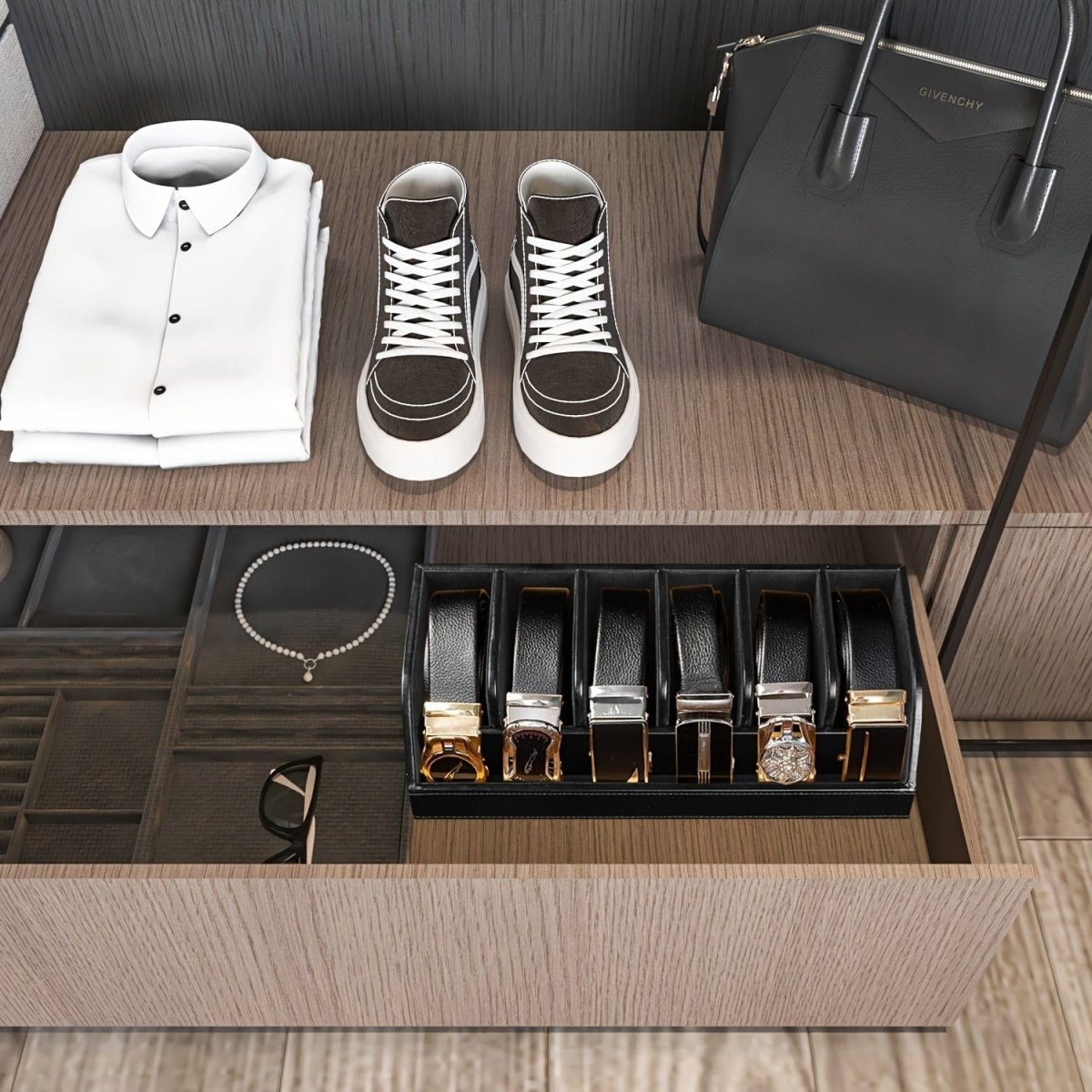 Showlu Fashion 6-belt organizer box with multiple compartments for storing belts, buckles, and accessories in closet or drawer.