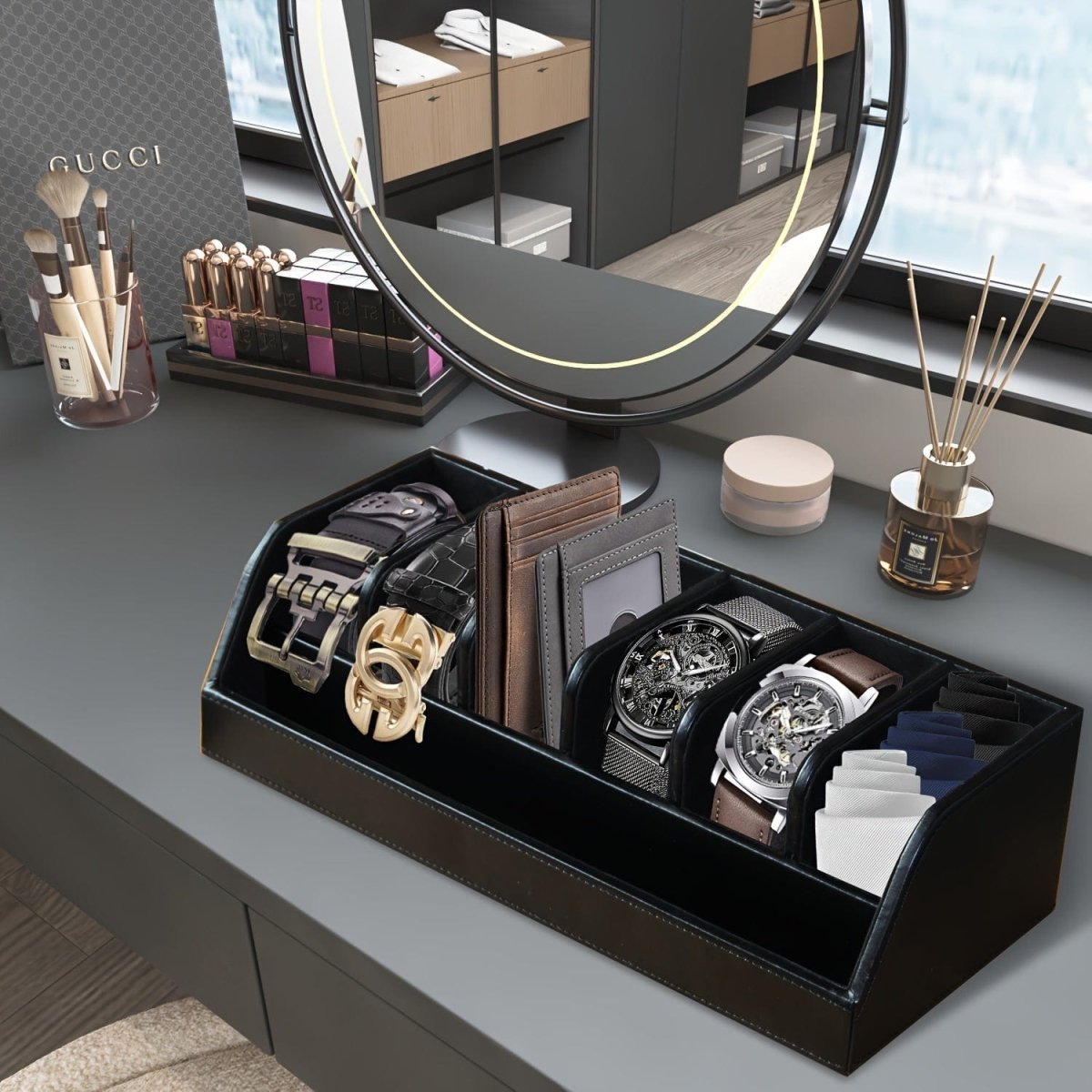 Showlu Fashion 6-belt organizer box with belt racks and buckles, ideal for closet and drawer storage for men and women.