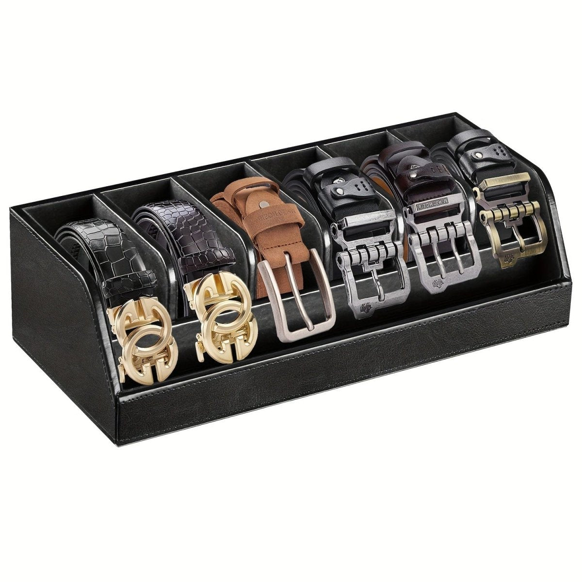 Showlu Fashion 6-belt organizer box with multiple compartments and buckle display for closet or drawer storage.