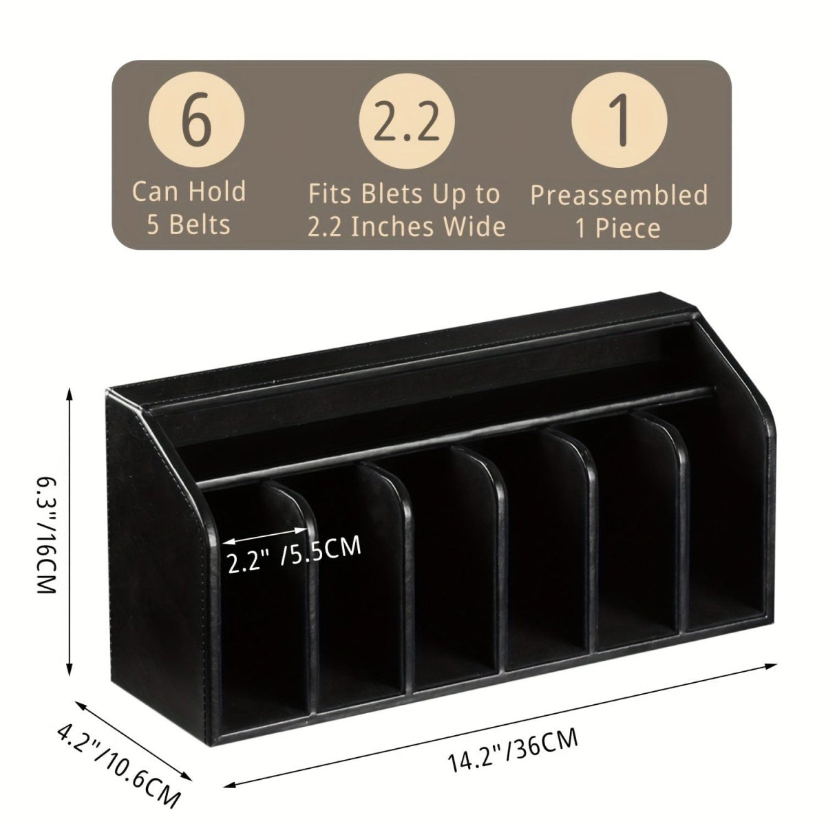 Showlu Fashion 6-belt organizer box with belt racks and buckles, ideal for closet, drawer, or desk storage for men and women.