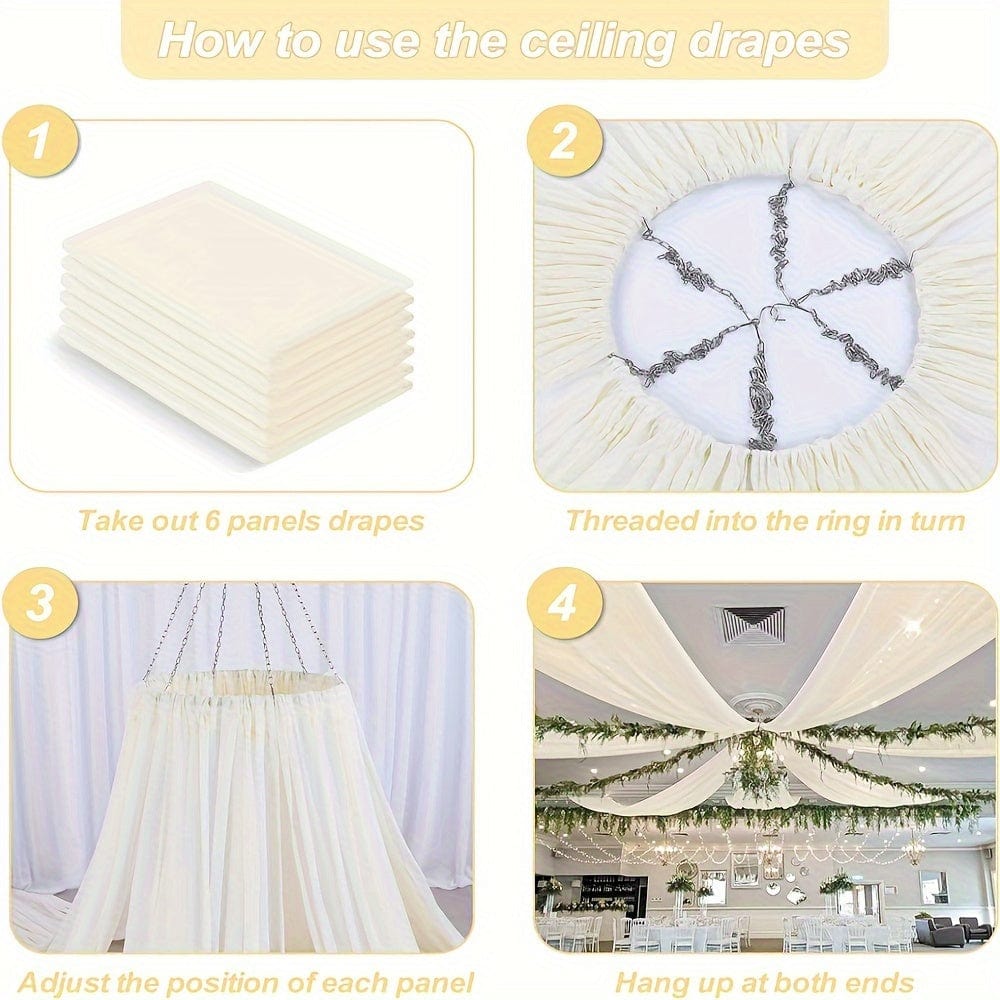 Showlu Ivory chiffon wedding ceiling drapes, 6-piece set, 5ft x 10ft fabric curtains for wedding arch and ceiling decor.