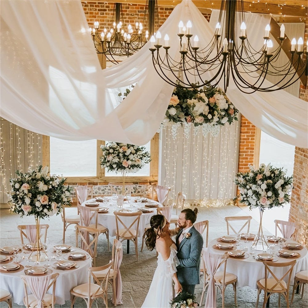 Showlu Ivory chiffon wedding ceiling drapes, 6-piece set, 5ft x 10ft fabric curtains for wedding arch and decor.