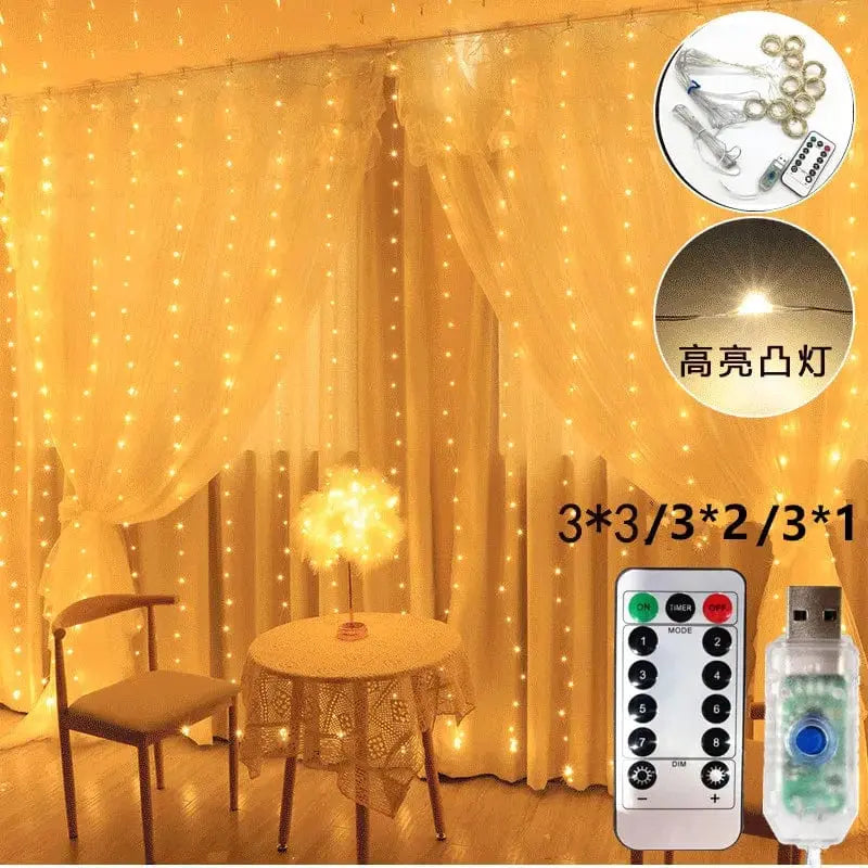Showlu Fashion Store LED window curtain string lights with 600 LEDs, dimmable USB fairy lights for home, wedding, or party decor.