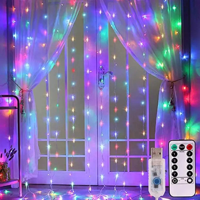 Showlu Fashion Store LED window curtain string lights with 600 LEDs, dimmable USB fairy lights for wedding, party, and home decor.