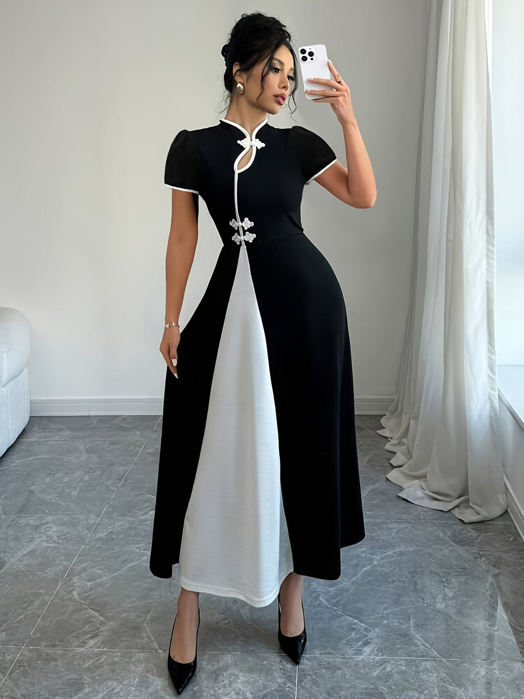 Elegant women's V-neck fitted knit dress by SHOWLU FASHION in a solid color, featuring a stylish and figure-flattering design.