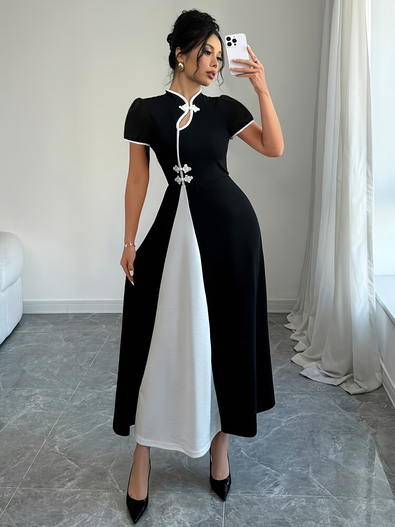 Elegant women's V-neck fitted knit dress by SHOWLU FASHION in a solid color, featuring a stylish and figure-flattering design.