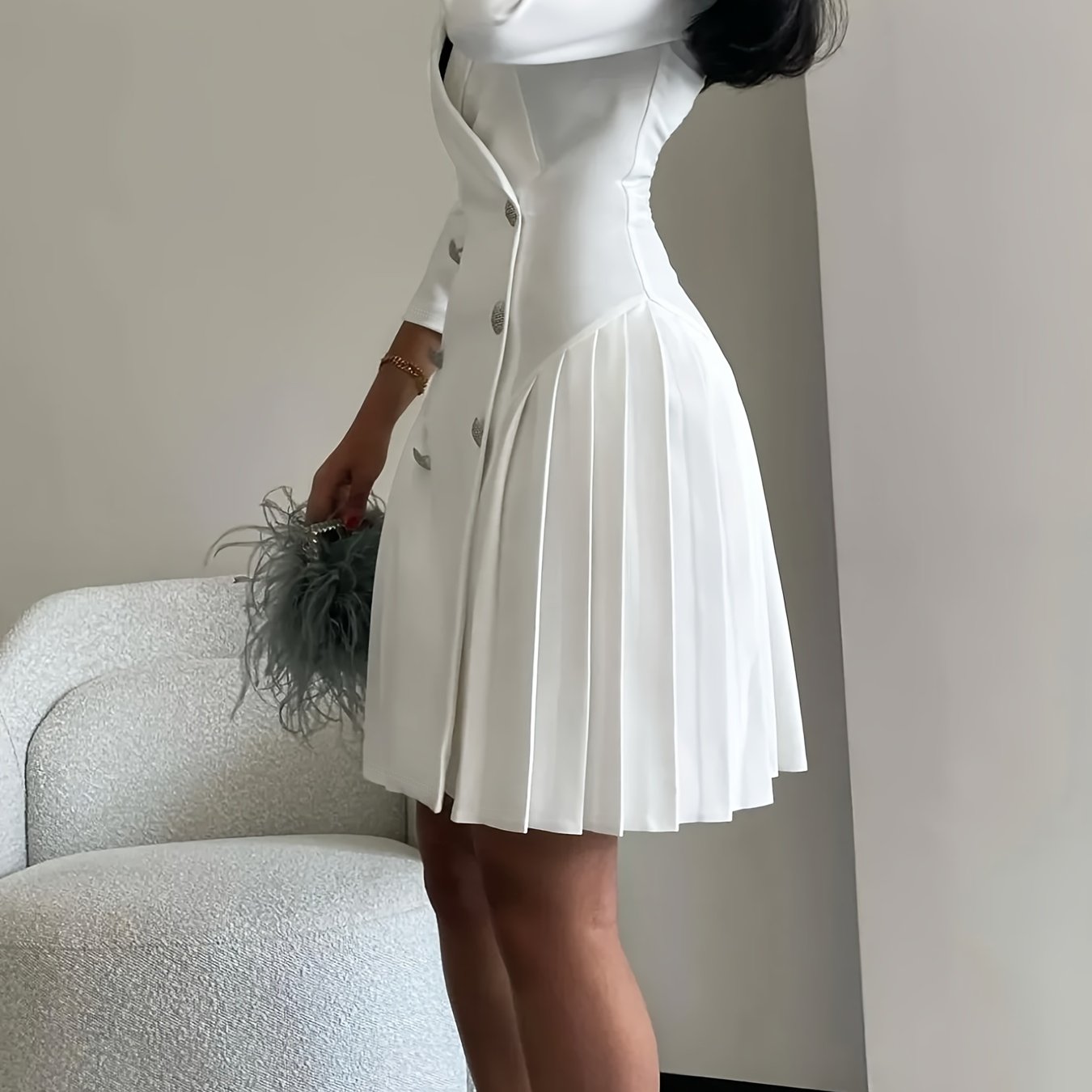 SHOWLU FASHION women's V-neck pleated A-line dress in solid color, flowing fabric, and stylish design, perfect for elegant occasions.