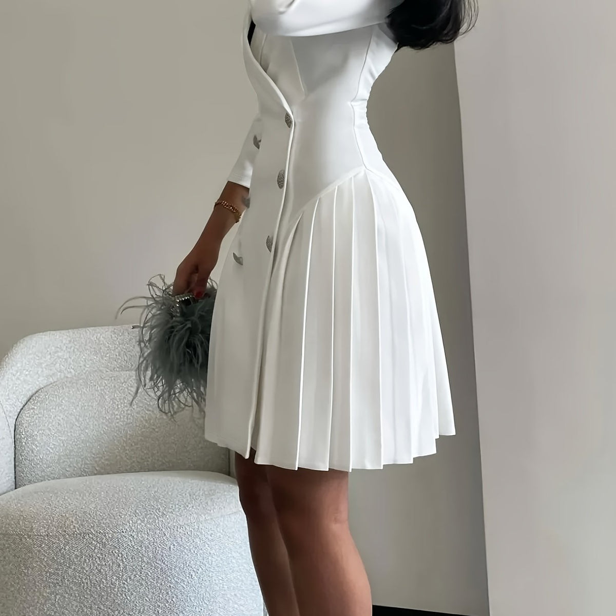 Women's Elegant V-Neck Pleated Button-Front A-Line Dress - Solid Color Machine Washable All-Season Versatile Office to Party Wear, Office Dress, Seasonal Fashion, Nontransparent Material, Decorative Fabric Ruching