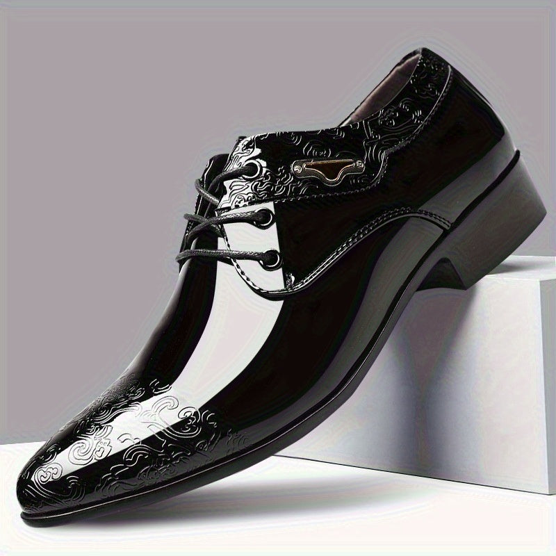 Showlu Fashion men's moire patterned derby shoes with formal lace-up design and PU material, featuring elegant textured surface.