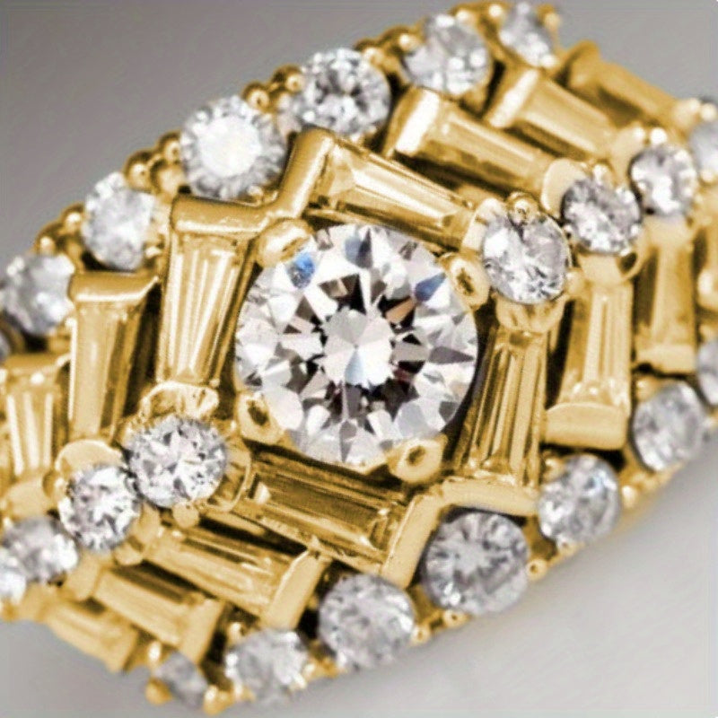 SHOWLU 14K gold-plated wide carved ring with white zirconia inlay, showcasing intricate design and sparkling details.