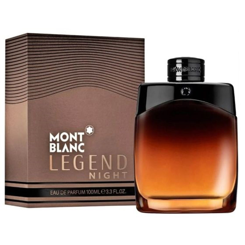 Mont Blanc Legend Night Eau de Parfum for men, woody amber fragrance bottle with sleek black cap and elegant design.
