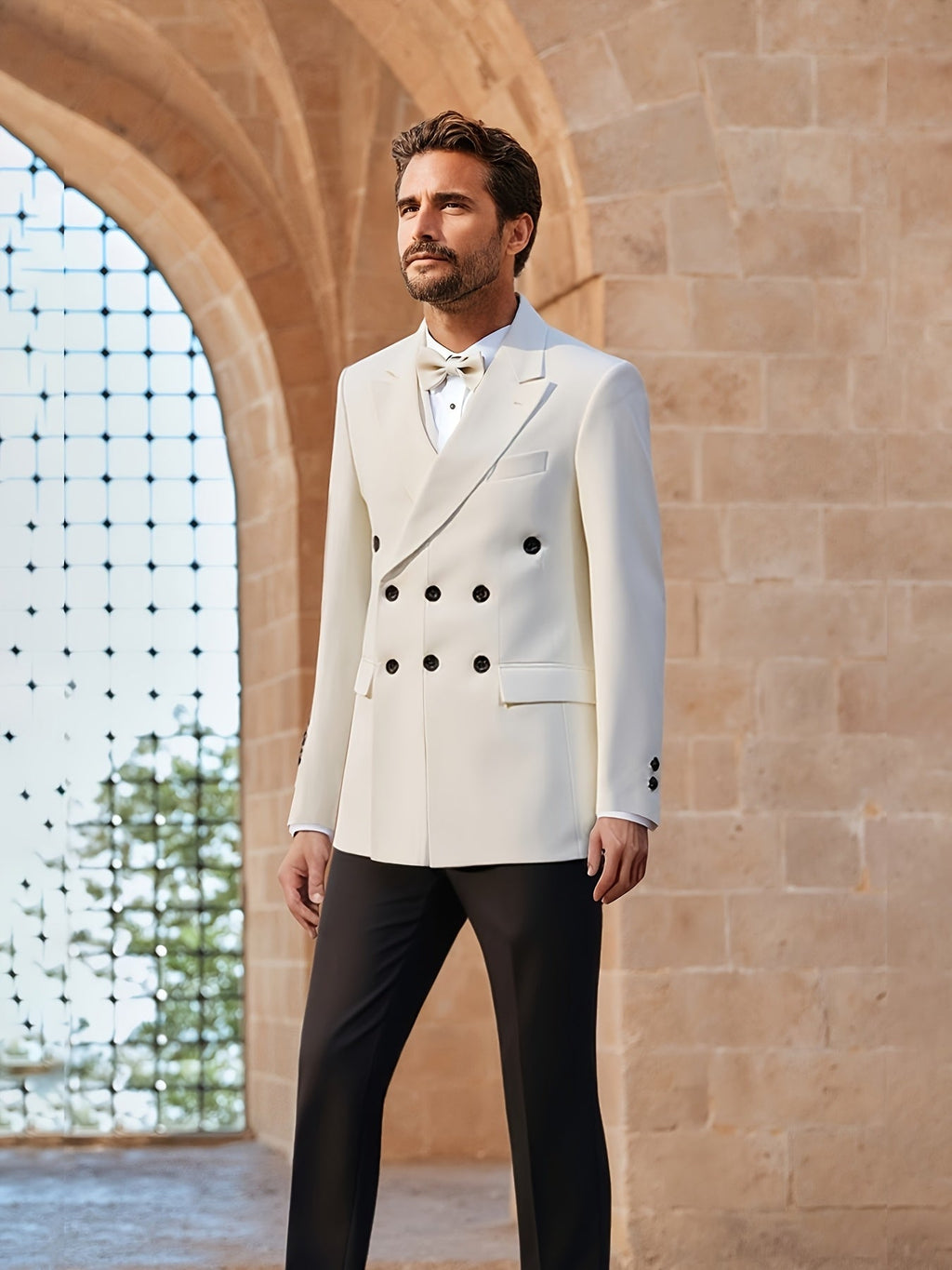 SHOWLU FASHION men's white solid tuxedo blazer, double-breasted jacket with stylish lapels and tailored fit for formal occasions.
