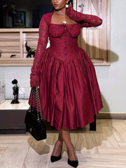 Elegant Lace Stitching Square Neck Large Skirt Button Long Sleeve Dress Ladies Long Party Commuter Dress Dress
