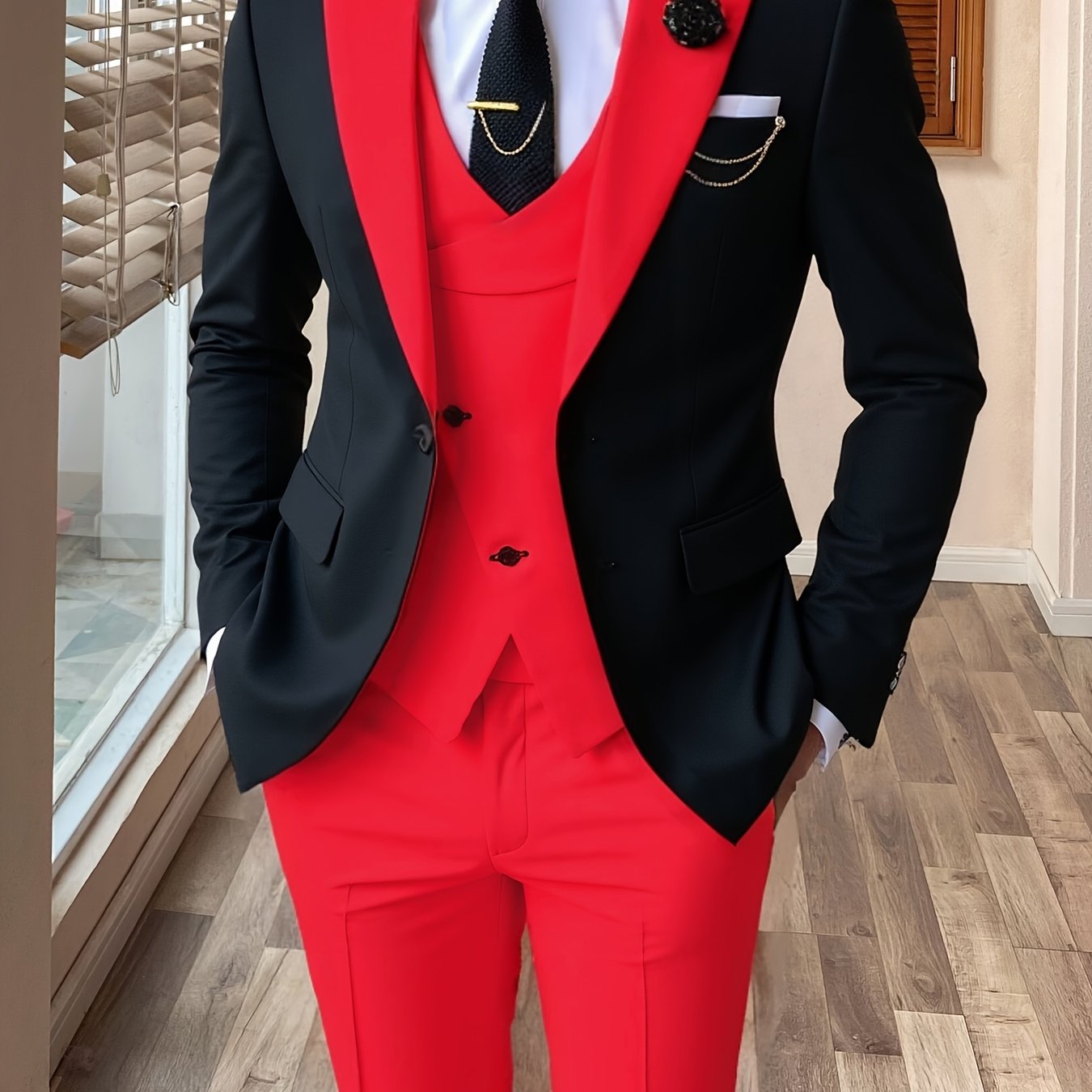 Showlu Fashion men's 3-piece color block slim fit tuxedo suit set featuring a jacket, vest, and trousers on a model.