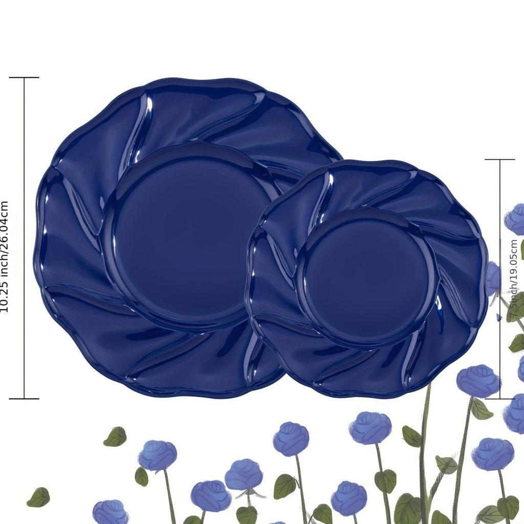 Set of 60 blue plastic plates from WELLIFE, including 30 dinner and 30 dessert plates, ideal for parties and events.
