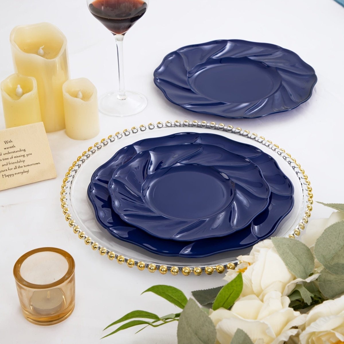 Set of 60 blue plastic plates including 30 dinner and 30 dessert plates, ideal for parties and celebrations.