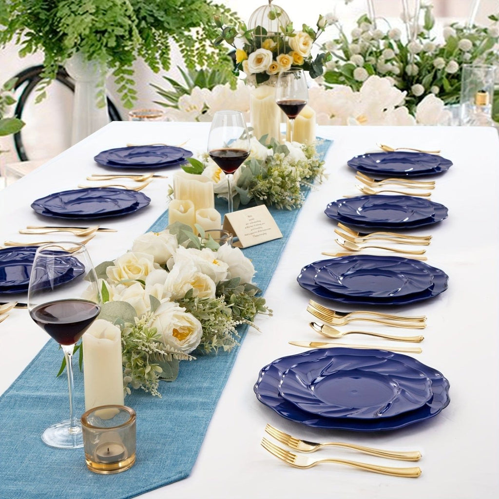 Set of 60 blue plastic plates including 30 dinner and 30 dessert plates, disposable party plates for events and celebrations