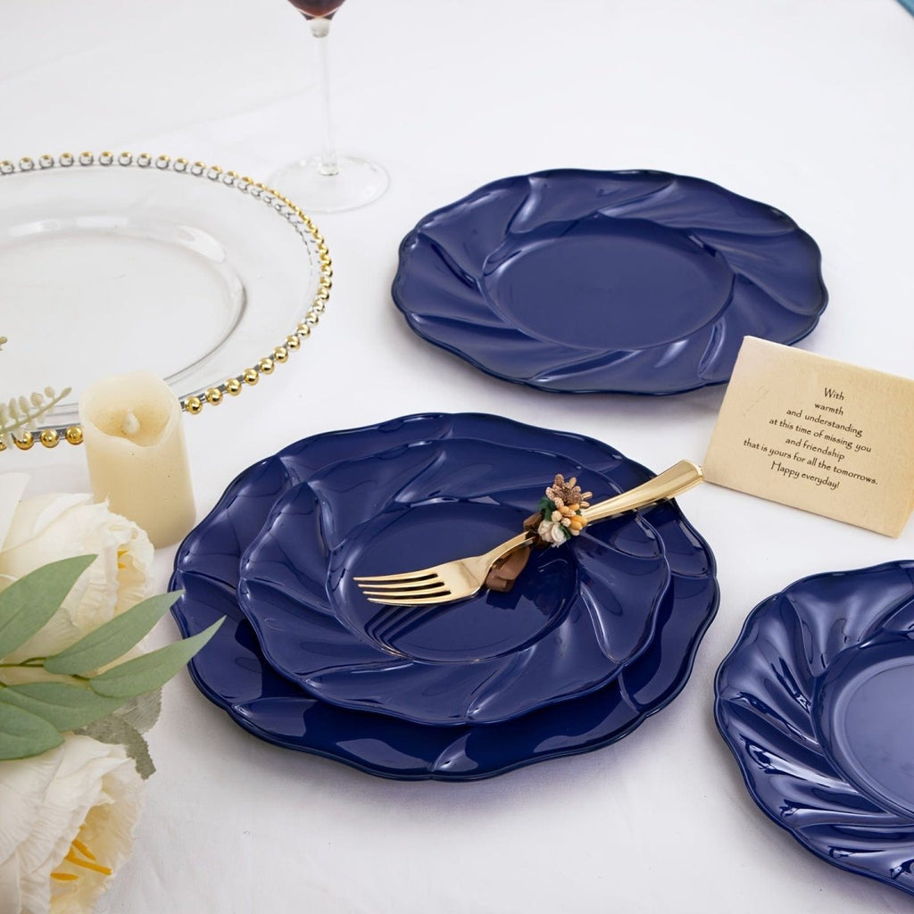 Set of WELLIFE 60-piece blue plastic plates, including 30 dinner and 30 dessert plates for parties and events.