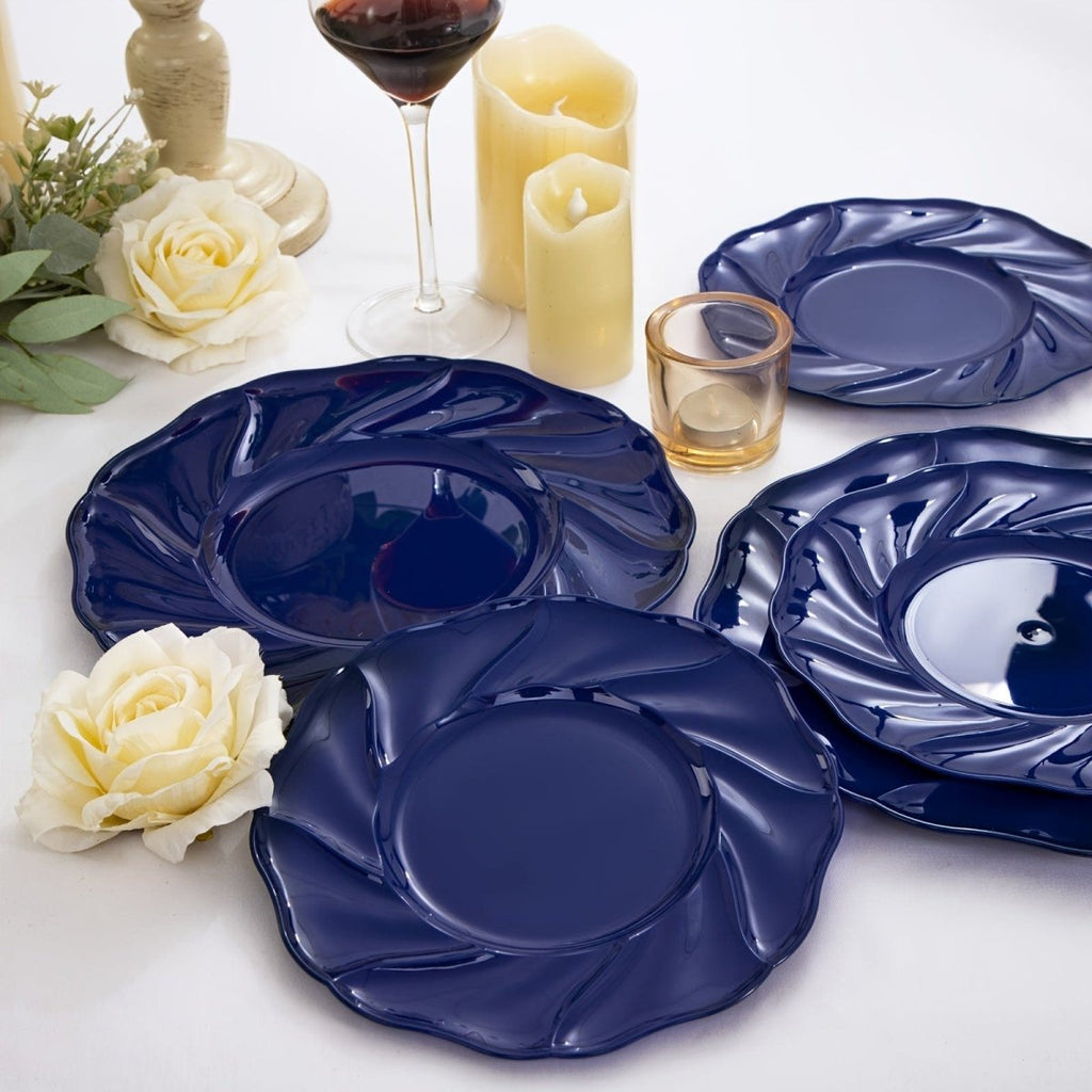 Set of 60 blue plastic plates by WELLIFE, including 30 dinner and 30 dessert plates, perfect for parties and events.