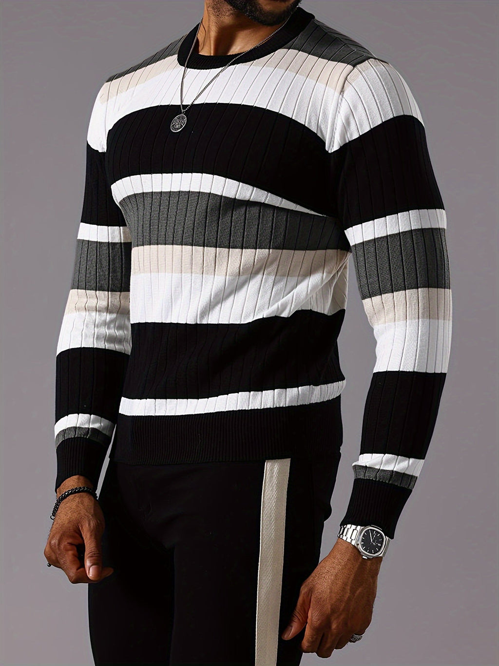 Men's striped ribbed knit sweater with long sleeves and crew neck from SHOWLU, featuring a stylish, fitted design.