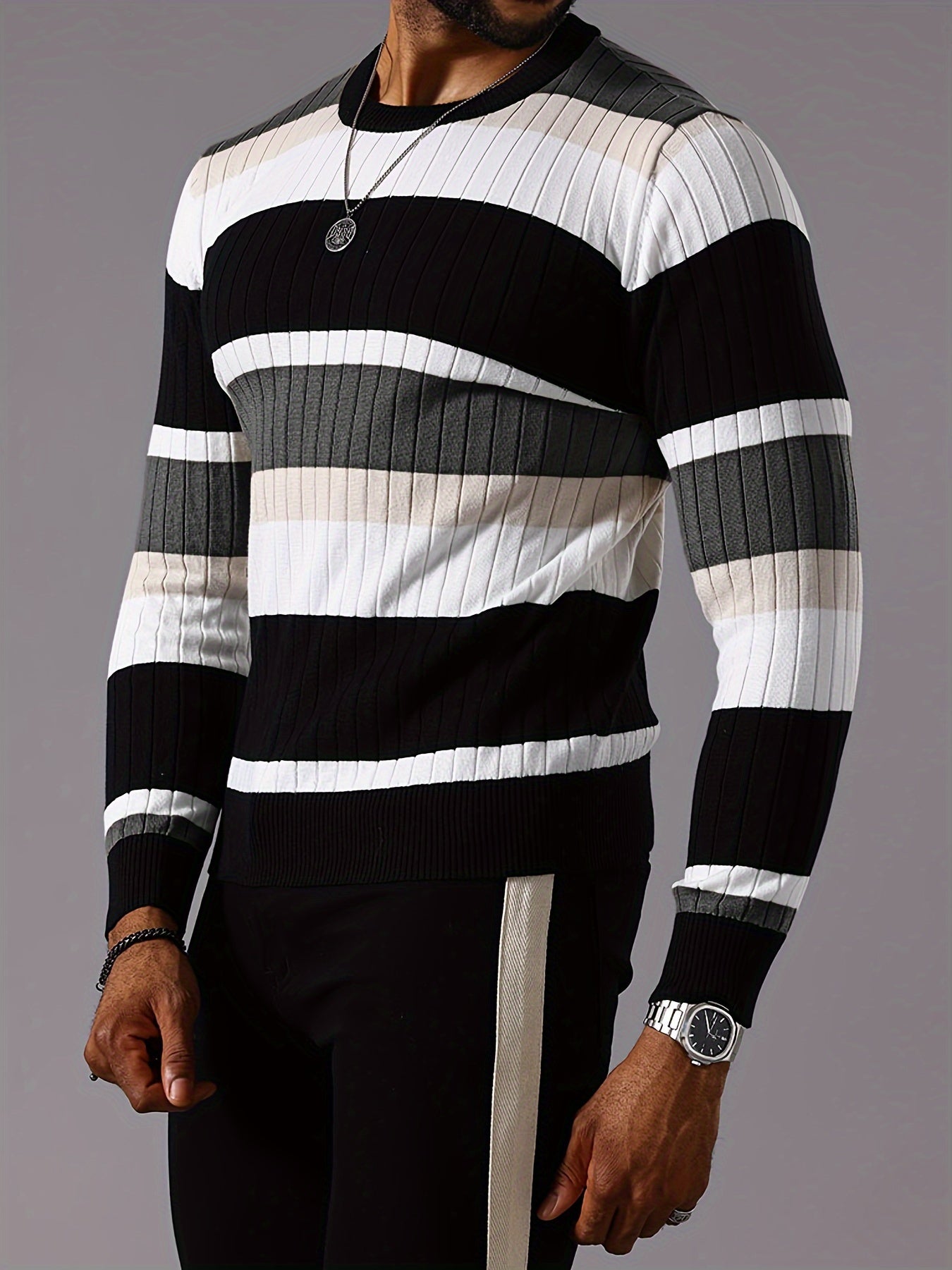 Men's striped ribbed knit sweater with long sleeves and crew neck from SHOWLU, featuring a stylish, fitted design.