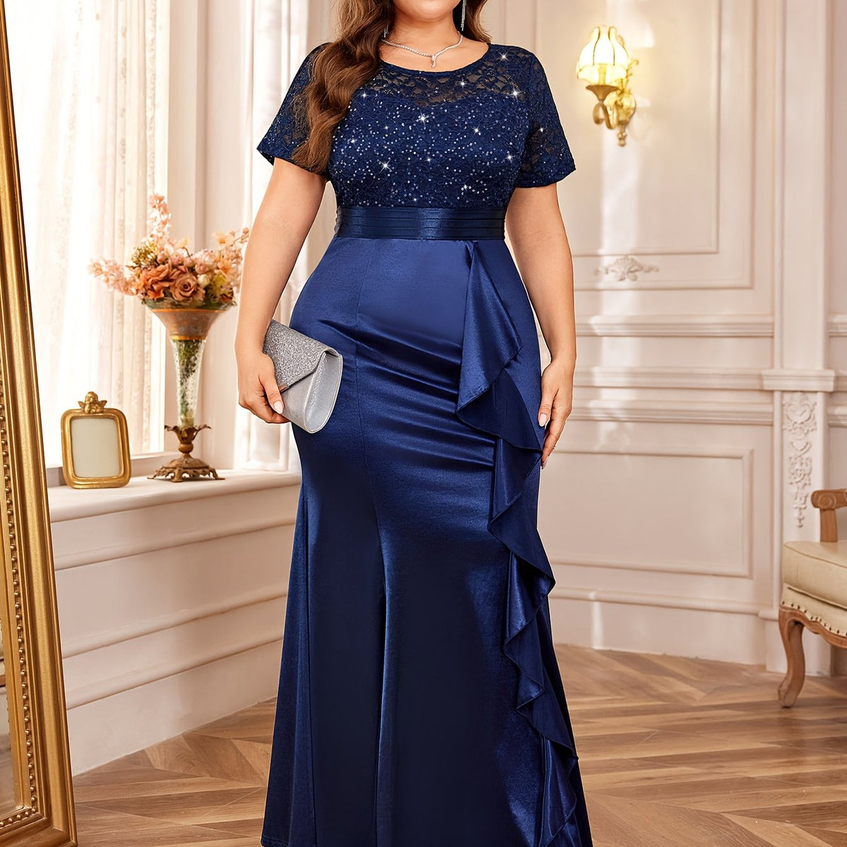 P54328A Elegant Plus Size Lace Satin Sequin Bridesmaid Dress, Round Neck, Short Sleeves, Ruffled Mermaid Hem, Perfect For Weddings, Parties, Formal Events