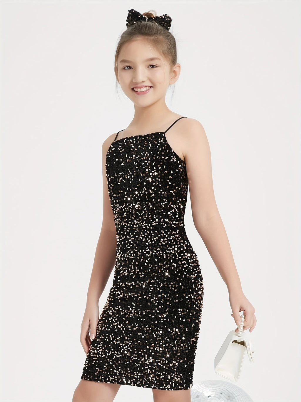 Black sequin velvet girls' bodycon mini dress with bow detail, perfect for parties, from SHOWLU FASHION STORE.