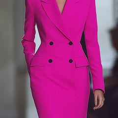 Women'S Bright Pink Long Sleeve Blazer Dress - Elegant Mid-Length Office & Casual Style with Double-Breasted Notch Lapel, Polyester Blend, Spring/Summer Collection, Versatile Fashion | Notch Lapel Dress | Structured Fit