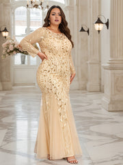 Elegant Plus Size Sequin Embroidered Mermaid Hem Dress with Matching Shawl - Long Sleeve, Crew Neck, Floral Pattern, Beige/Golden & Red Options, Perfect for Weddings, Proms, and Formal Events, Elegant Event Clothing | Glamoro SHOWLU FASHION STORE