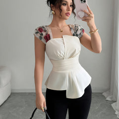 Women's Elegant Sleeveless Square Neck Blouse with Asymmetrical Hem & Floral Print - Summer Lightweight Machine-Washable Top for Casual Formal Outfits, Versatile Fashion, Twisted Waist Design, Smooth Fabric Texture, Office We