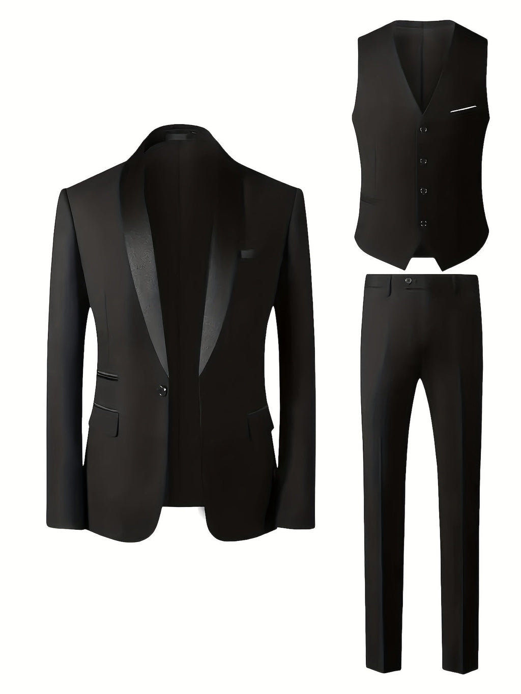 SHOWLU FASHION men's 3-piece suit with shawl collar jacket, vest, and matching pants displayed on a hanger.