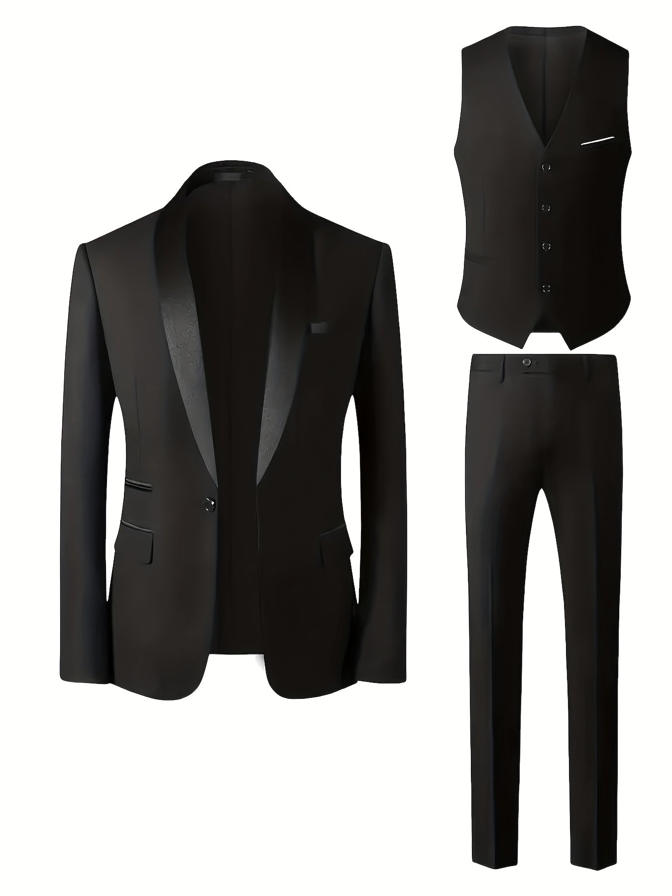 SHOWLU FASHION men's 3-piece suit with shawl collar jacket, vest, and matching pants displayed on a hanger.