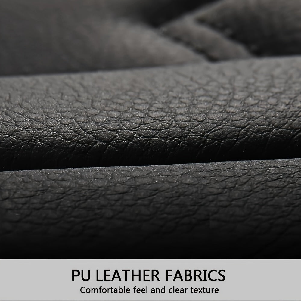 Showlu Fashion faux leather car seat covers on a 5-seat vehicle, showcasing a sleek, universal fit for enhanced interior style.
