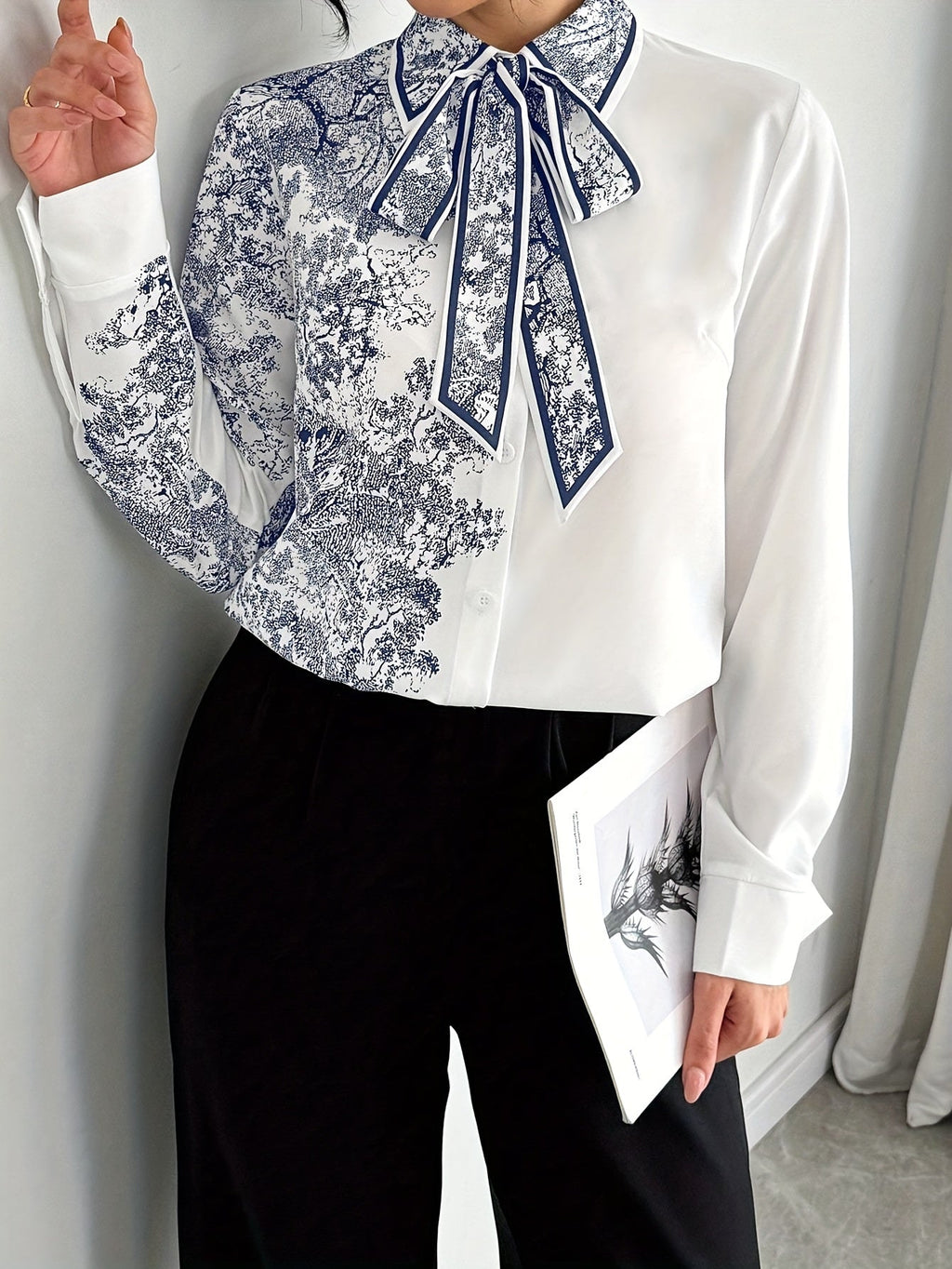 SHOWLU Women's semi-sheer floral bow tie blouse with long sleeves, elegant and stylish for fashionable everyday wear.
