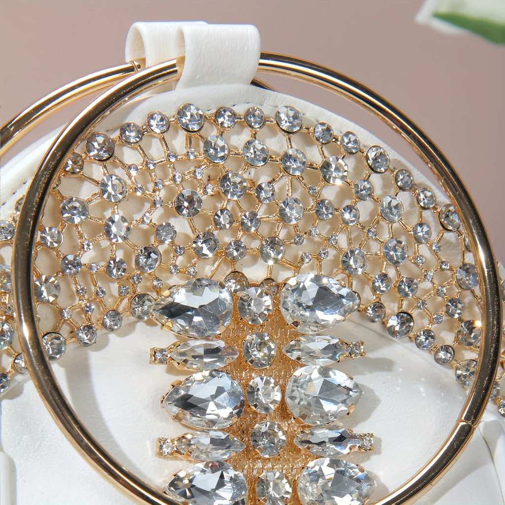 White PU Rhinestone schoolbag clutch with chain strap, SHOWLU FASHION STORE crossbody bag featuring sparkling embellishments.