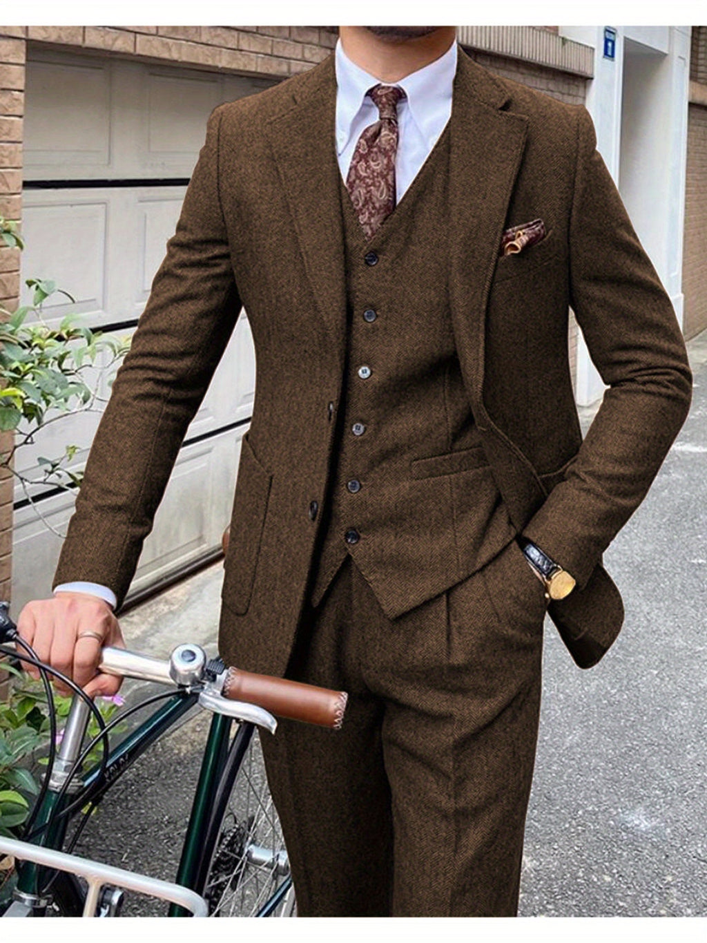 SHOWLU FASHION men's 3-piece slim fit color block wedding suit with notch lapel, stylish and tailored for formal occasions.