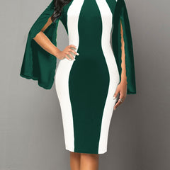 Elegant Black & White Color Block Bodycon Dress with Split Cuffs - Stretchy Polyester & Spandex Blend, Machine Washable - Perfect for All Seasons