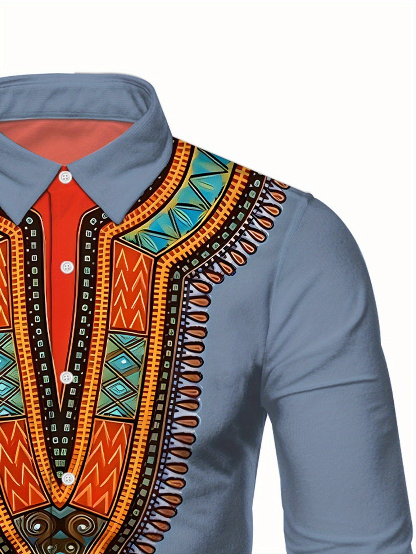Light blue men's long sleeve dress shirt by SHOWLU FASHION with mandala print design and button-up front.