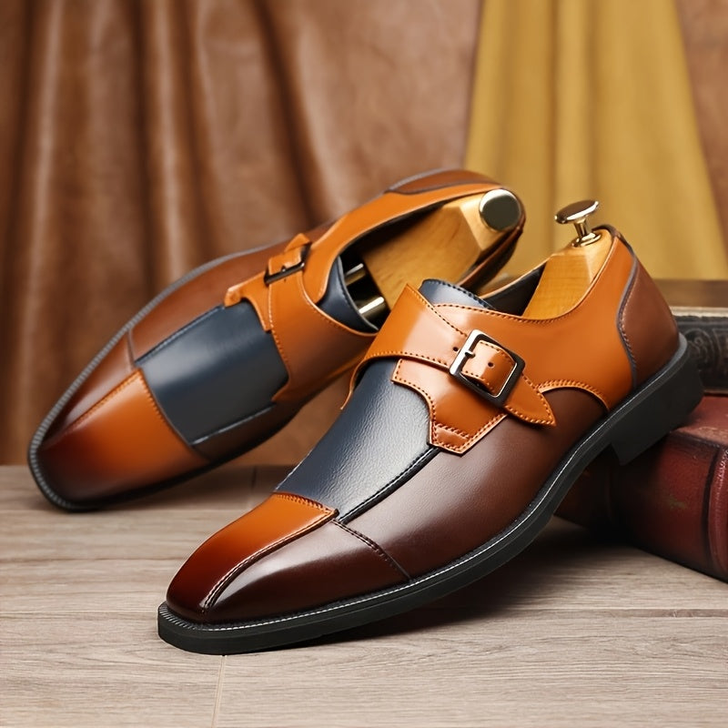 SHOWLU men's plaid microfiber leather Oxford dress shoes with buckle, stylish formal footwear for men.