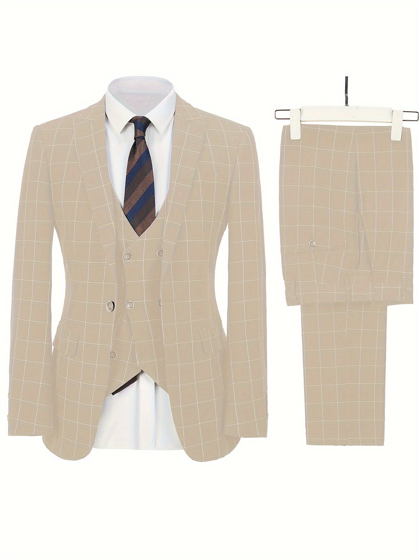 SHOWLU FASHION men's 3-piece slim fit plaid suit with peak lapel tuxedo, showing the jacket, vest, and trousers in stylish design
