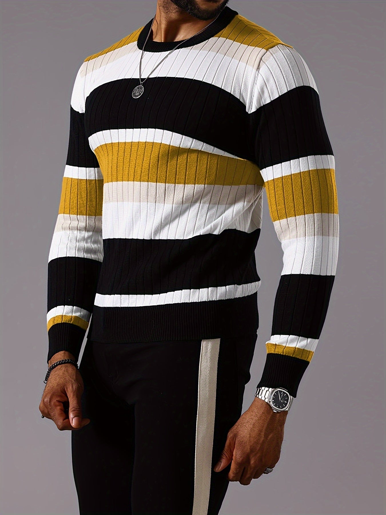 Men's SHOWLU striped ribbed knit sweater with long sleeves and crew neck, featuring a stylish, textured design.